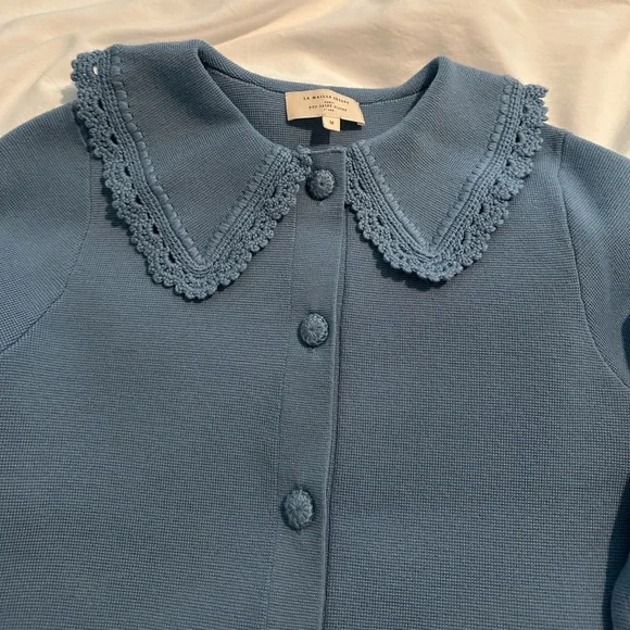 Sezane Blue Cardigan with Crochet Collar - Picture 2 of 5